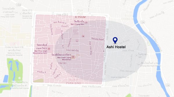 Location map of the Ashi Hostel in Chiang Mai
